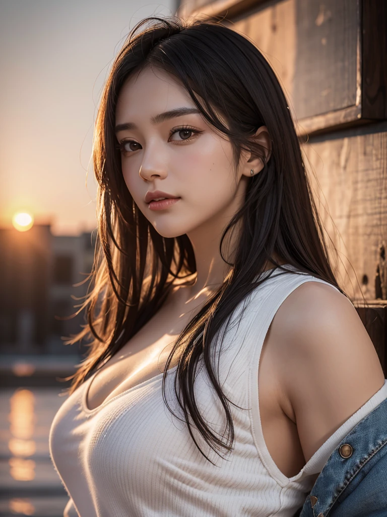 (Highest image quality, 8K,32K,Masterpiece, UHD:1.2),Raw photo,(real:1.4),cinematic lighting,(sunset:1.5),european cityscape,leaning against the wall、1 woman,20 year old beauty,beautiful japanese woman,slim abs,beautiful breasts,sweaty chest,erect nipples,(medium hair:1.2), shiny hair, braid, black hair, light makeup, Glossy lips, fine-textured skin, transparent skin, double, The sparkle in your eyes is beautiful, Voluptuous long legs, shy smile, White off-shoulder blouse、tight denim jeans, arms crossed under the chest、side view