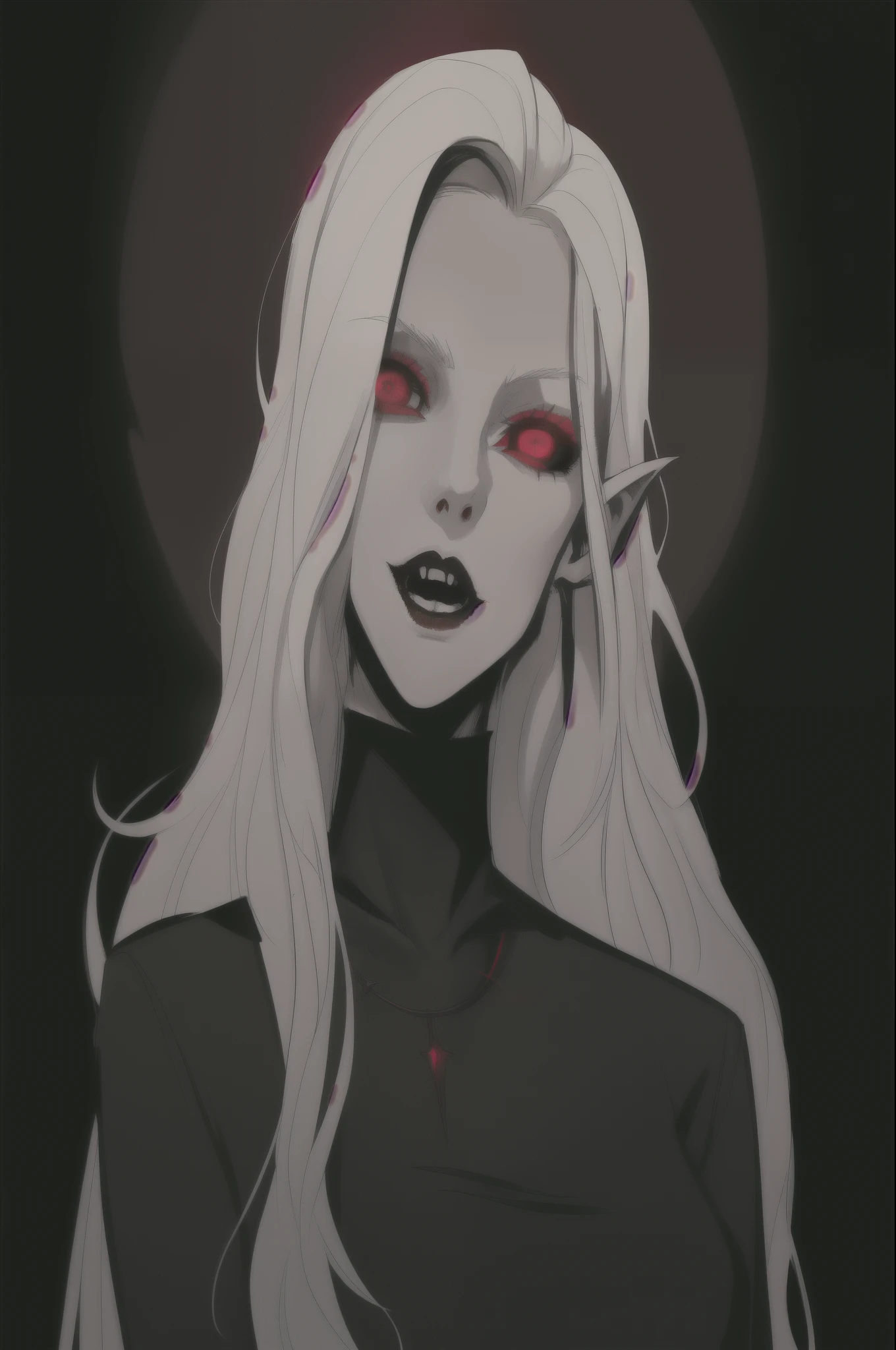 a drawing of a woman with long white hair and red eyes, vampire girl, androgynous vampire, with red glowing eyes, with glowing red eyes, gothic horror vibes, vampire portrait, with red eyes, female vampire, dark vampire, demon girl, vampire fashion, red-eyed, red - eyed, gothic aesthetic, glowing red eyes, with a red eyes