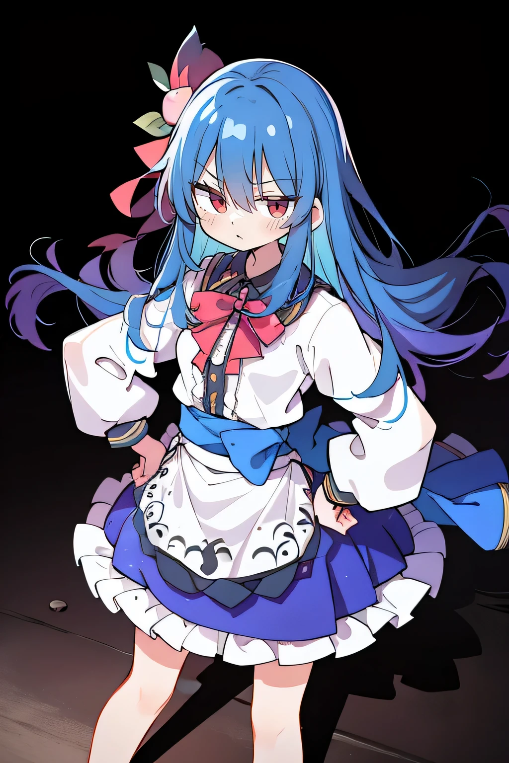 (masterpiece),best quality, expressive eyes, perfect face, 1girl,
 Put your hands on your waist,fair, Gorgeous,Japanese cartoons,girl,lola,Hina Angel, blue hair, blue haired, floating clothes,Grab your waist, Grab your waist, hands on hips , hands on hips,sit, sit on ground, Legs on the ground, flat chest