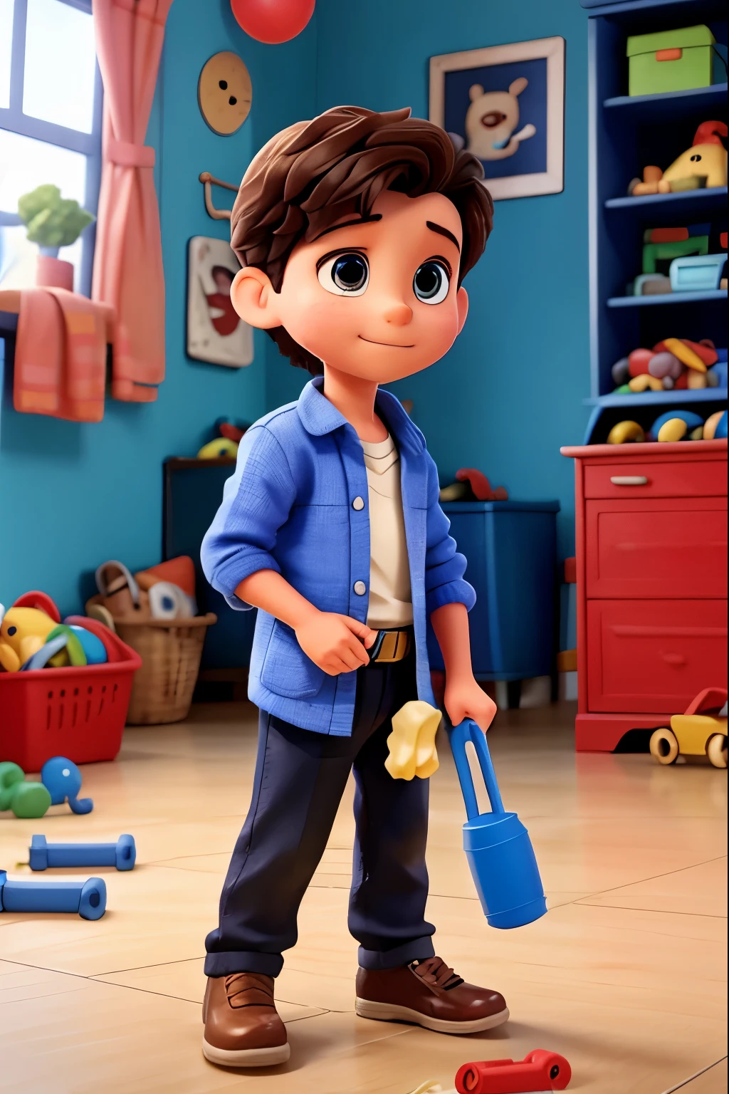a boy cleaning up his toys without being told which ones go where.