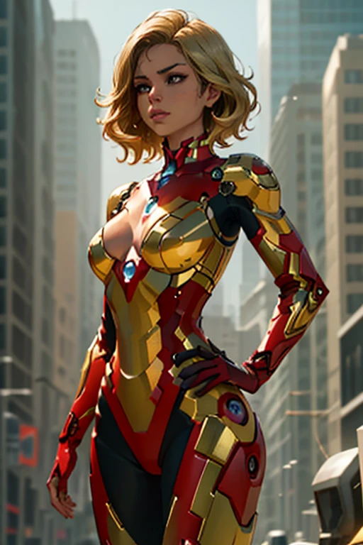 RAW, Masterpiece, Ultra Fine Photo,, Best Quality, Ultra High Resolution, Photorealistic, Sunlight, Full Body Portrait, , Dynamic Poses, Delicate Face, Vibrant Eyes, (Side View) , she is wearing a futuristic Iron Man mech, red and gold color scheme, highly detailed abandoned warehouse background, detailed face, detailed and complex busy background, messy, gorgeous, milky white, high detailed skin, realistic skin details, visible pores , sharp focus, volumetric fog, 8k uhd, dslr camera, high quality, film grain, fair skin, photorealism, lomography, sprawling metropolis in futuristic dystopia, view from below, translucent