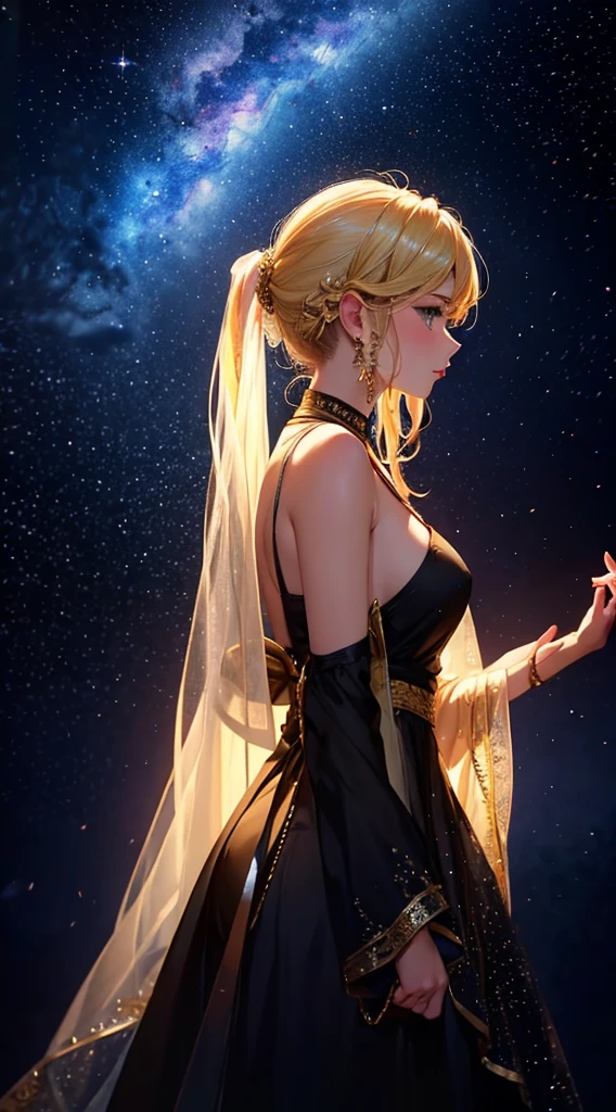 starry sky,dance,woman1people々,silhouette,blonde, dress,blonde long hair,