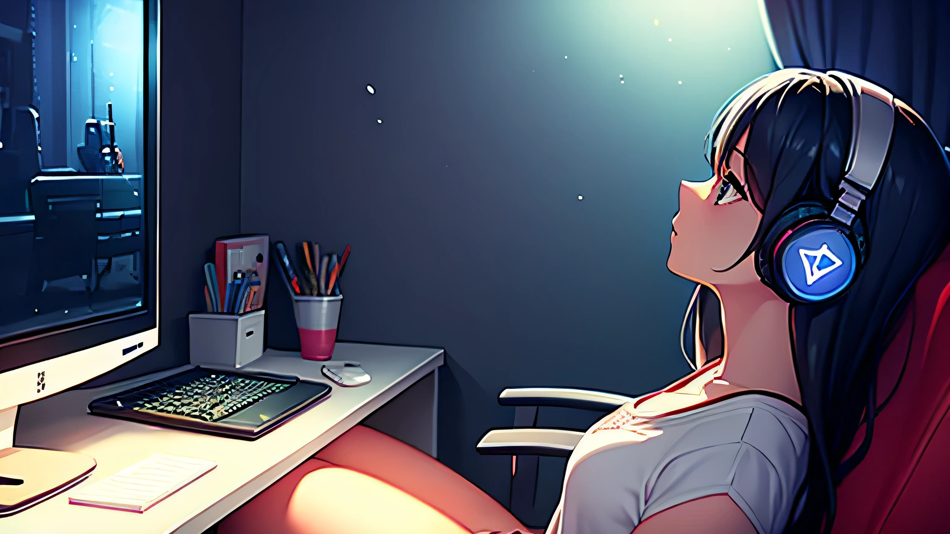 Beautiful girl playing video games with headphones in a dark room　From the side