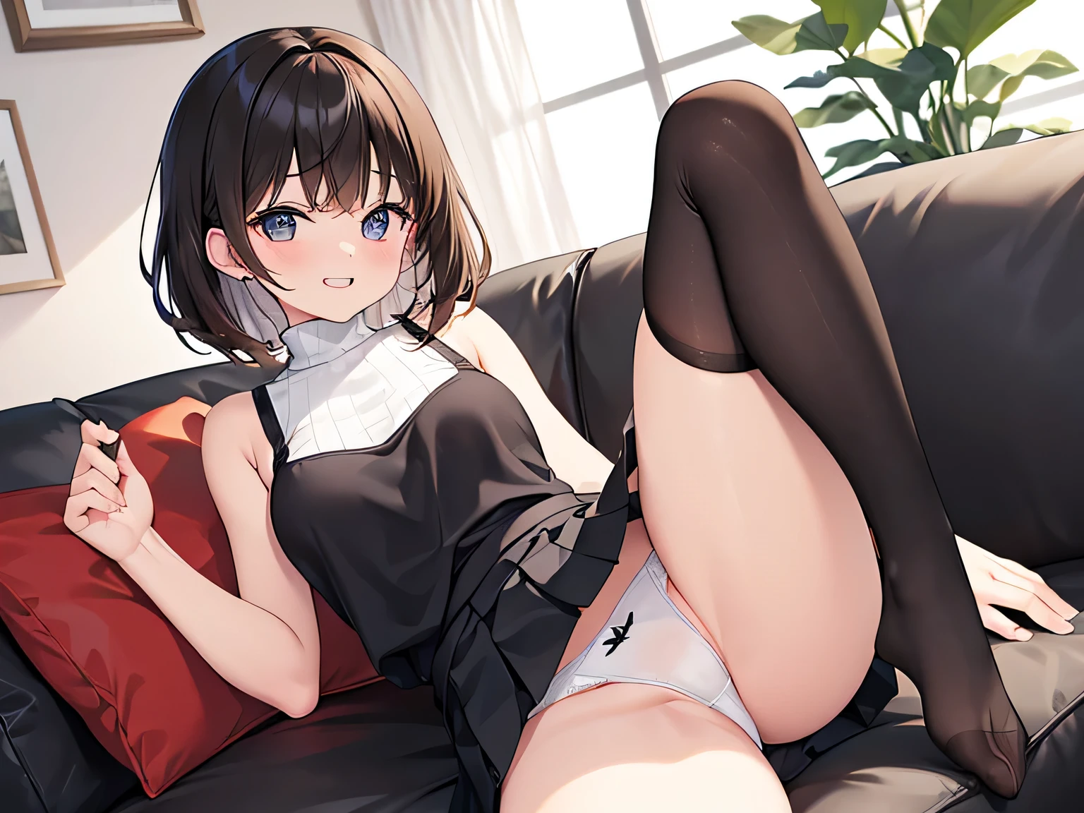 (masterpiece、highest quality、High resolution、realistic pictures、real looking skin:1.1)、
(A woman is sitting on a sofa in the living room and showing off her beautiful legs:1.8)、
(A woman&#39;s body is mine々Since she is facing directly ahead, her panties are visible.:1.8)、
(glimpse of panties:1.5)、
(she has a grin on her face:1.5)、
(She is wearing a beige sleeveless turtleneck:1.5)、
(She is wearing a black pleated mini skirt.:1.5)、
(She is wearing black high socks:1.5)、
(She has short brown hair:1.5)、
(The panties are simple white cotton.:1.5)、
(Location: Living room of an apartment:1.5)、
1 Japanese girl、solo、full body esbian、beautiful eyes、shining eyes、Shining thighs、NSFW