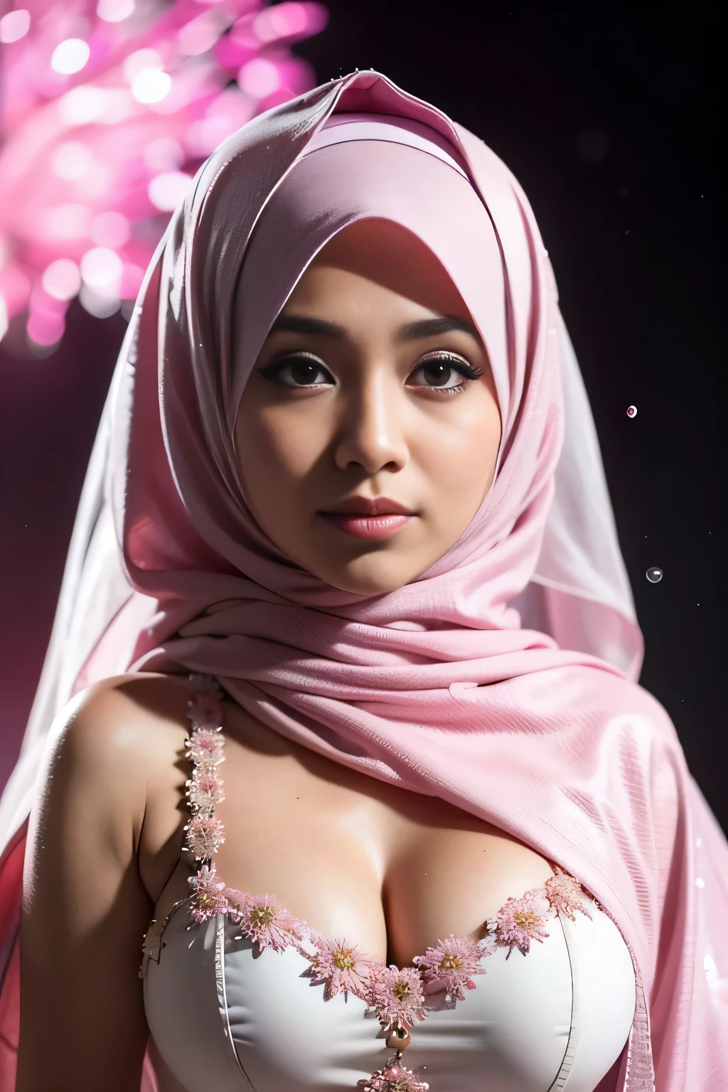 1 Malay girl, modern plain hijab, shy, medium portrait, watery eyes, pink glowing particles, wearing a Muslim wedding dress covering the entire chest, ((big breasts)), pink light bokeh background, well-proportioned body,