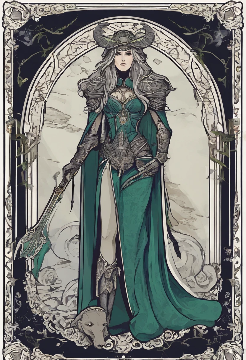 Tarot Card Design, flat color, alone, full body, long ears, woman, gray skin, long hair that reaches to the waist, dark blue-gray hair, warlock, Worn Cape, metal armor plate, Metal Gauntlets, Metal Spike Shoulder Pads, Metal Greaves, Stag skull helmet, Hold the green magic in your right hand, Hold a stick in your left hand