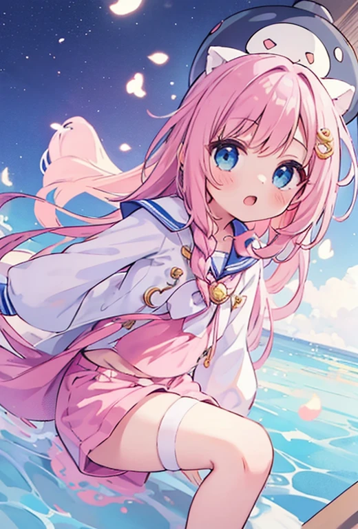 beautiful illustrations, highest quality, (12 year old girl:1.4)、(pretty girl：1.5)、、、flat chest、sailor collar、(White long tunic)、long sleeve sailor suit、Blue-line cuffs、(pink chino shorts：1.4)、(pink shorts with wide opening：1.2)、Gap between thigh and pants、slim thighs、white socks、 cinematic lighting, (pink long hair)、pink straight hair、redness of cheeks、(Braiding of the back of the head)