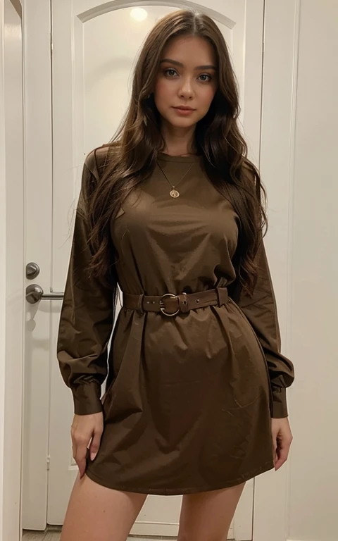 there is a woman with long hair and a brown shirt, 30 years old woman, 3 0 years old woman, ekaterina, aleksandra waliszewska, profile image, front portrait, headshot profile picture, selfie of a young woman, without makeup, about 3 5 years old, taken in the early 2020s, enhance, standing, full body, in a dress, sexy, wavy hair