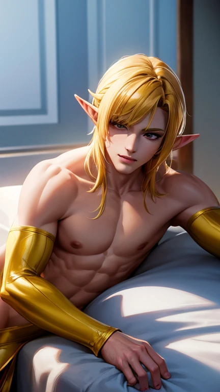 Golden Yellow, 3d Rendered Character Art 8K, shirtless handsome Fantasy king, tight clothes, regal clothes, 8k High Quality Detailed Art, sexy and Elegant Elf king, Realistic Anime man Rendering, (((????? Fantasy king)), Smooth Anime CG Art, handsome Elf Prince, 3d Anime Realistic, 8K Portrait Rendering