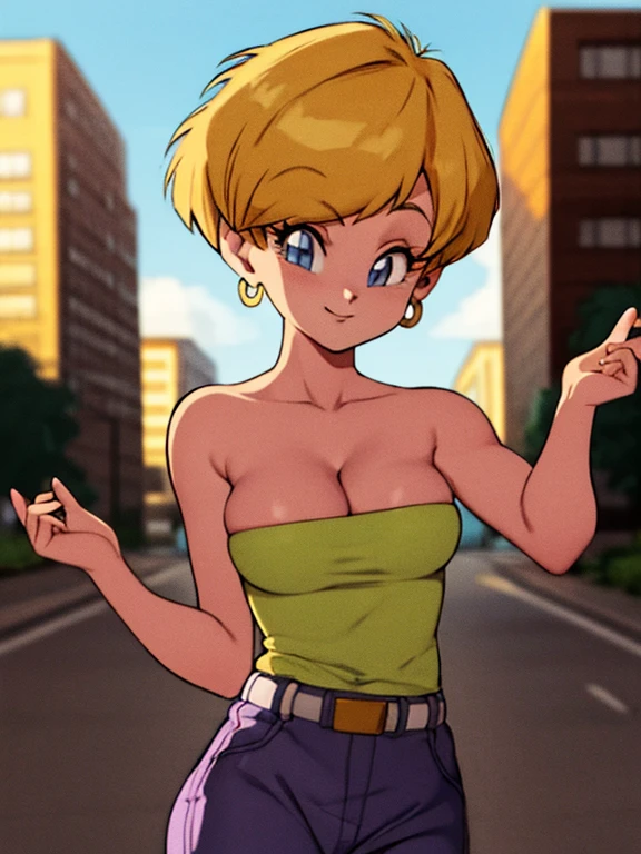 erasa, blonde hair, short hair, blue eyes, earrings, black shirt, strapless, cleavage, medium breast, white belt, purple pants, 1 girl, solo, smile, seductive, city, sunlight, blue sky, Masterpiece
