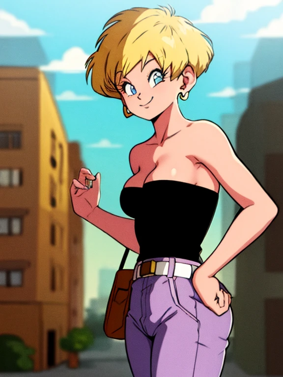 erasa, blonde hair, short hair, blue eyes, earrings, black shirt, strapless, cleavage, medium breast, white belt, purple pants, 1 girl, solo, smile, seductive, city, sunlight, blue sky, Masterpiece
