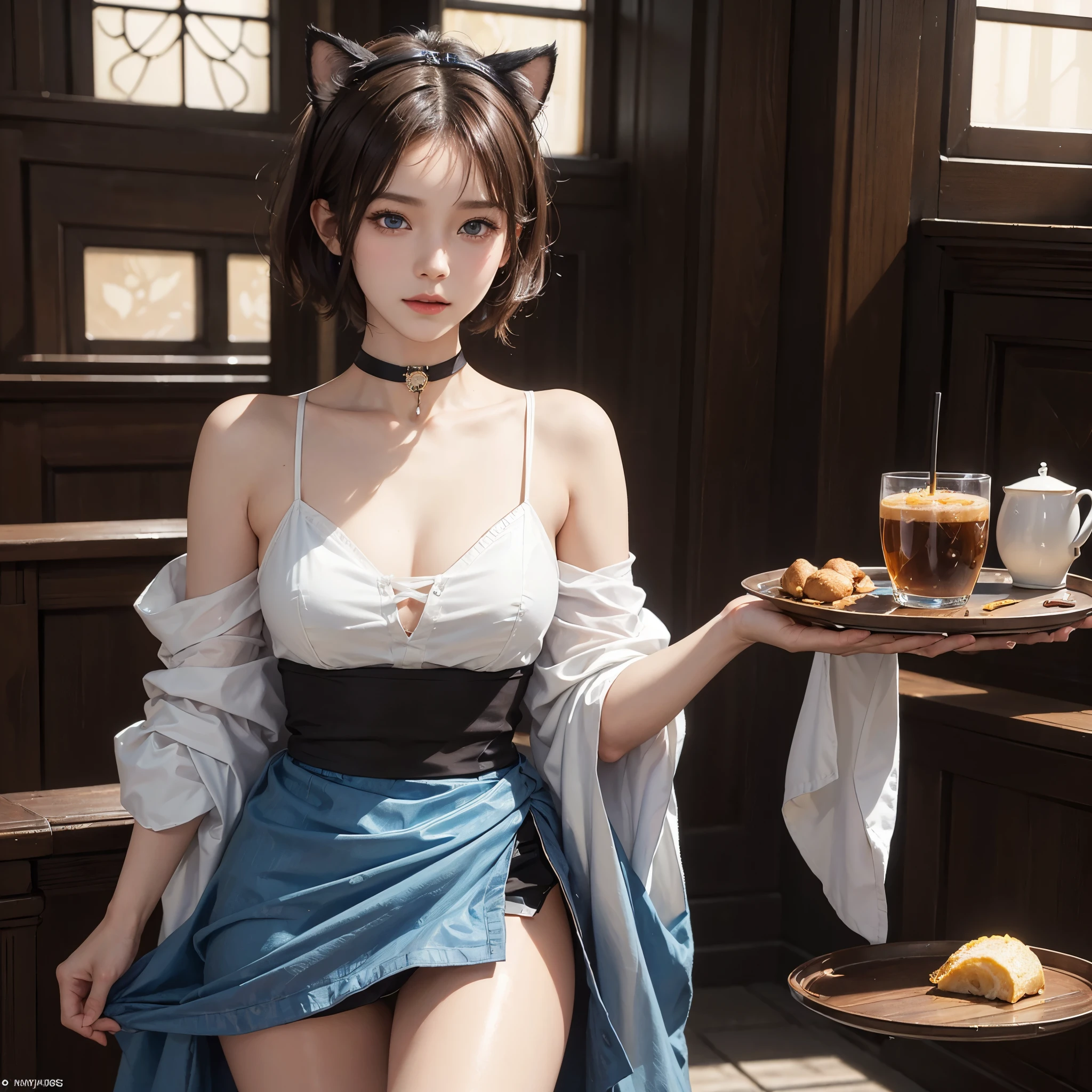 UHD, masterpiece, anatomically correct, textured skin, super detail, high details, high quality, best quality, 16k, 8k, (1 Girl:1.5), blue eyes, cute, (maid, mini skirt, cat ears, beautiful detailed eyes, beautiful clavicle, beautiful body, beautiful chest, beautiful thighs, beautiful legs:1.2), (brown hair, shiny hair, Short hair:1.3), Choker, cat ears, In The Cafeteria, (put a café tray on the hands), light smile, Lim light, Natural lighting, Cowboy Shot, (Cinematic light, Sun Light), Close upno futuro telhado de luz neon, SSCI - FI e Fantasia, intrincado e muito bonito e elegante, altamente detalhado, pintura digital, art-station, arte conceitual, smooth and sharp focus, illustration, Arte de Tan Zi e Ayanamikodon e Alphonse Mucha e Wlop