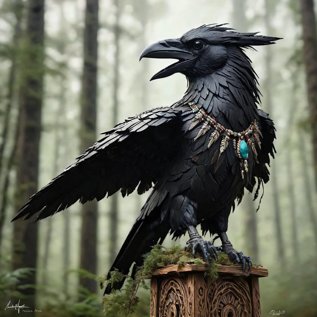 Crow-shaped Native American totem, hyper-detailed woodwork, adorned with feathers, beads, flock of black crows soaring above dense forest backdrop, embodying elegance, splendor, perfection, inspired by Benedick Bana , chiaroscuro, high contrast, textured look, Miki Asai Macro photography influence, trending on Artstation, sharp focus, studio photography, intricate beadwork details, immaculate composition, intricate details as seen in octane rendering, High Resolution, High Quality, Masterpiece