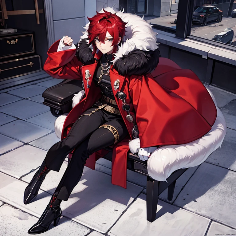 Concept ART , Human Male r , hair over eyes , Pants  ,genshin impact , big hair, Full body,wearing  Blacksmith Clothes  ,wearing Red fur Coat ,wearing Gloves ,