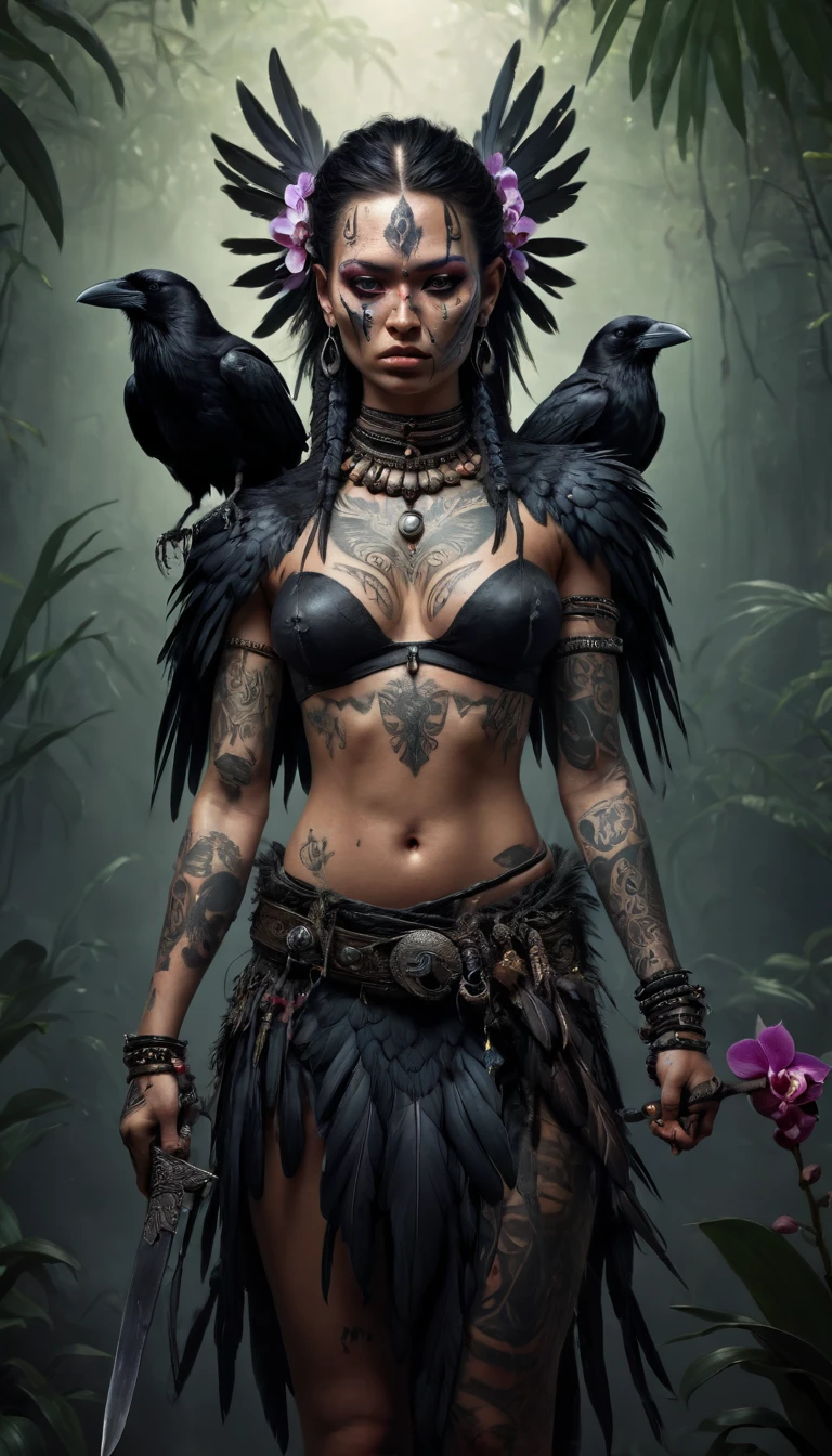 digital painting, Realistic full body shot of girl warrior tattooed, crow deity with two arms and a crow Head, holding long knife, long spear, orchids, power and a begging bowl in her hands. She has a crow Head, powerful, feathers, dressed in tribal tattoos and scales, dramatic lighting, muscular, sharp focus, attention to texture lush jungle. A flock of wild crows flying over her. , epic, filmic. Iridescent feather.