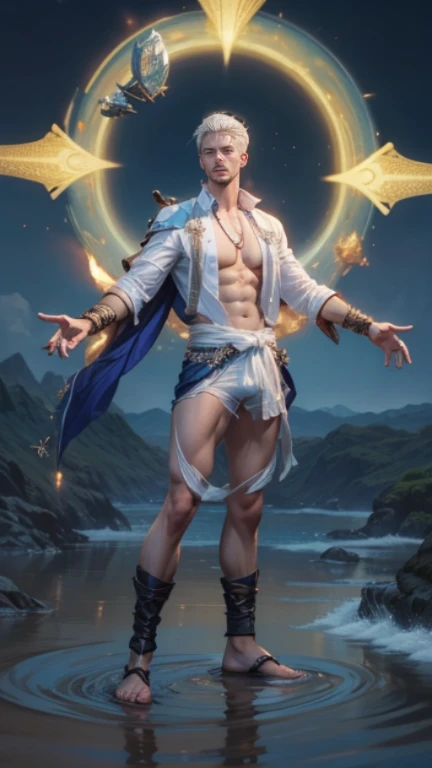 1 man, (model) Hot skin, Masterpiece, High qualityสุด, The most handsome man in the world, By Thamkwan, perfect body, beautiful model, Male, attractive, age 20-25 years., white hair, summer, sea water, sky, white clouds, A handsome and strong young man in a clear white shirt., transparent white cloth, off shoulder jacket, exposed chest muscles, thigh gap, ((Transparent black panties reveal)), (focus man), (smooth body)), smile, น่ารักa lot, dynamic gesture, Cool and seductive, incredible light , full body shot, full body shot, Young face, full body, The body is hairless., Tall and thin, fit the body, reputable, Caucasian or Caucasian skin, Young face, toned body, HD, natural skin tone, soft light, Highly detailed, Audience view, photography, Fine skin, real person, realism, Realistic lens, Crazy details, face details, maximum magnification , Exaggerated Surrealism , film , a lot , intricate details, light , Highly detailed , Highly detailed , digital painting , art station , concept art , Focus smoothly , sharp , illustration , Unreal Engine 5, 8k, งานศิลปะโดย Ross Tran และ Greg Rutkowski และ Alphonse Mucha, ยูHD, 8k, Only for men .8k อัลตร้าHD, DSLR, low beam, High quality, film grain, Fujifilm XT3, boyfriend , 2-person generation, Two people