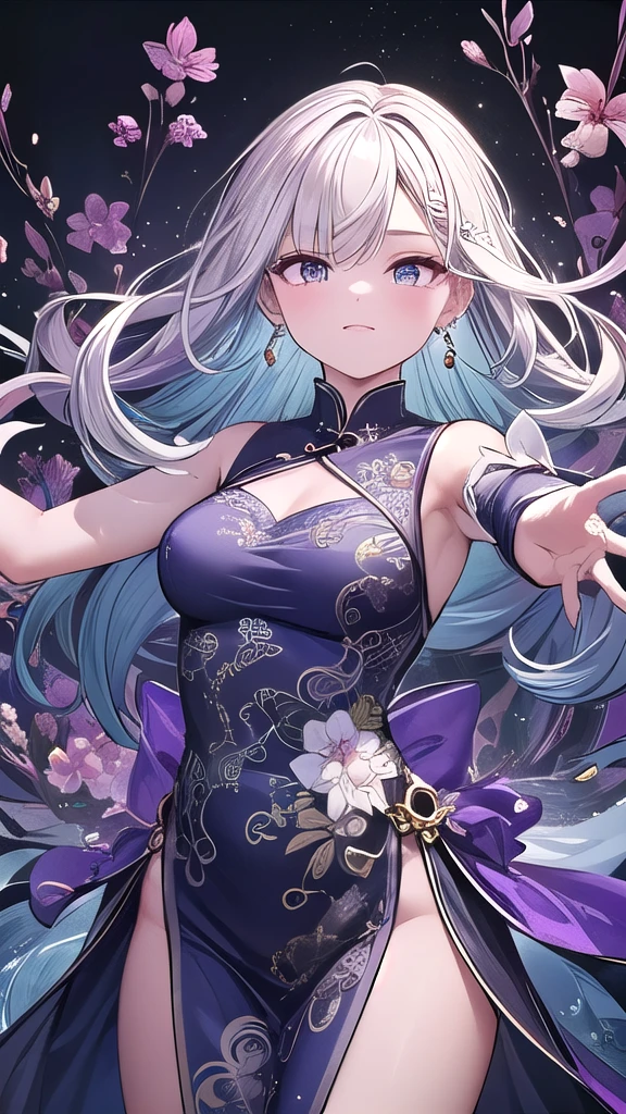 (masterpiece, highest quality, highest quality, official art, beautiful and aesthetic:1.2), (1 girl:1.3), very detailed,(fractal art:1.1),(colorful:1.1)(flowers:1.3),most detailed,(tangled:1.2), (dynamic pose), (abstract background:1.3), (China dress:1.2), (shiny skin), (lots of colors:1.4), ,(earrings:1.4),