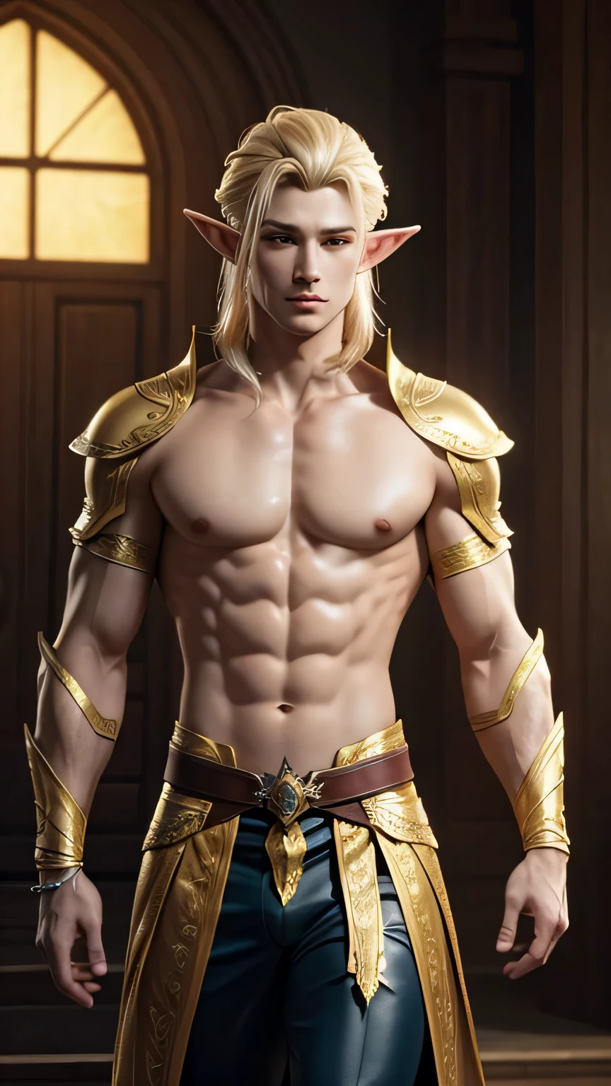 Golden Yellow, 3d Rendered Character Art 8K, shirtless handsome Fantasy king, tight clothes, regal clothing, 8k High Quality Detailed Art, sexy and Elegant Elf king, Realistic Anime man Rendering, (((naked Fantasy king)), Smooth Anime CG Art, handsome Elf Prince, 3d Anime Realistic, 8K Portrait Rendering