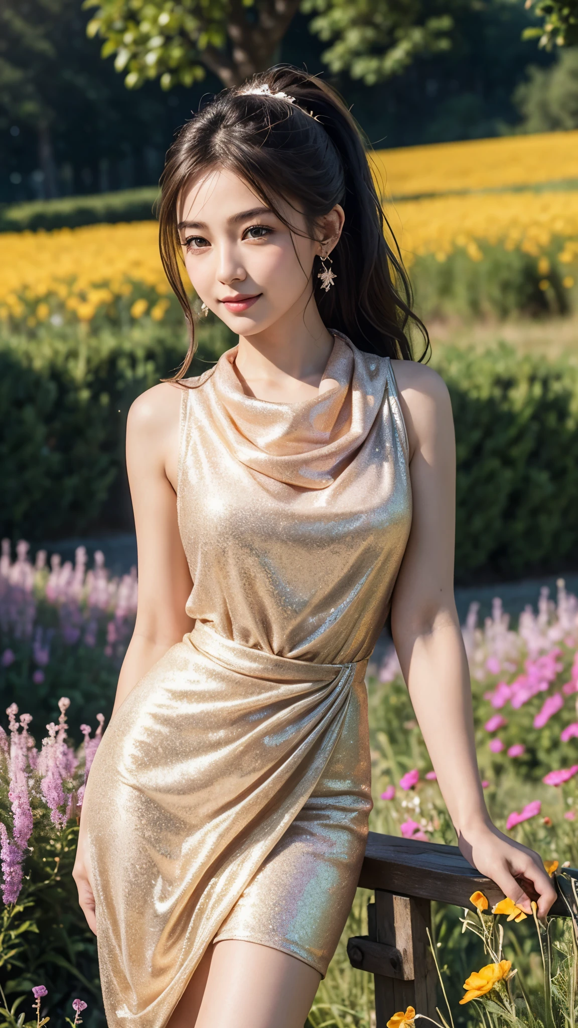 (Masterpiece:1.4), CG Unity 8k walpaper, ((Realistic: 1.2)), Ray Tracing, 64k, Beautiful 22 years girl, Asian realistic girl, Ultra Realistic, ultra HD, high detail，8K resolution，ultra high resolution, cute girl，The ponytail, long Hair，earrings，necklace，Colorful clear eyes，smooth hair，Exquisite and perfect with the most beautiful facial features and big eyes，Long eyelashes，(Smile)，field，Ultimate picture quality，Standing in front of multi colour apricot flowers field, ((Upper body shot)), ((luxury Lovely Glitter Peach colour Cowl Homecoming Dress: 1.2)), [(4 different Poses),(pose 1: Grab hair with both hands, tighten tummy to lift hips,stand side ways),(pose 2: strech your arm,hand on hip, tighten tummy and lift hip),(pose 3: tilt head to smile,put arm behind back,place arm side by leg),(pose 4: title your head to smile,put your hands naturally by your side,stand side ways)], (Detailed poses), (Detailed Dress), (detailed background) , Beautiful human real fingers, beautiful human real hands, Real human natural skin, 