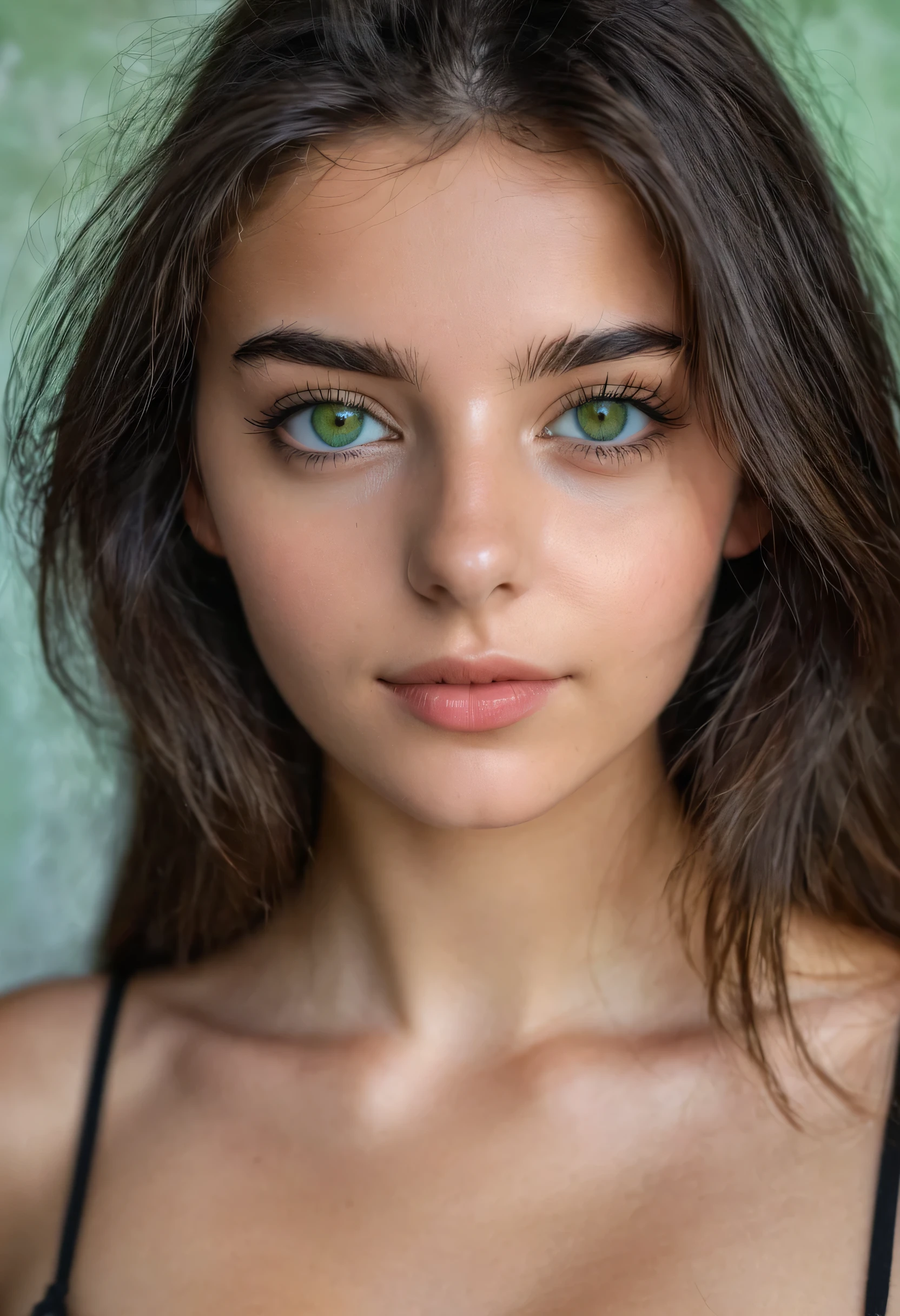 Eyes contact of Italian Brunette girl, 19 years old, with Full head and chest, alluring green eyes, thin seduce face and dark theme