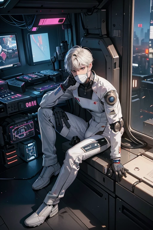 (Masterpiece,high resolution,Very detailed:1.0),1 boy,young man,Perfect male body,Look at the camera,Delicate eyes and delicate face,CG ที่Very detailed,unity wallpaper 8k,complicated details,person only,,detailed face, (white robot, Robot Arm, robot body), (cyberpunk theme:1.3), color difference, depth of field,Stunning shadow,Ray Tracing,best quality, Portrait, White suit with gloves, Lip Mask, boots, feet and hands in the picture, Embossed, tits, Leotard, toned body