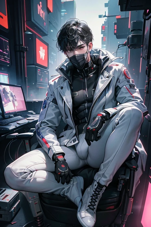(Masterpiece,high resolution,Very detailed:1.0),1 boy,young man,Perfect male body,Look at the camera,Delicate eyes and delicate face,CG ที่Very detailed,unity wallpaper 8k,complicated details,person only,,detailed face, (white robot, Robot Arm, robot body), (cyberpunk theme:1.3), color difference, depth of field,Stunning shadow,Ray Tracing,best quality, Portrait, White suit with gloves, Lip Mask, boots, feet and hands in the picture, Embossed, tits, Leotard, toned body
