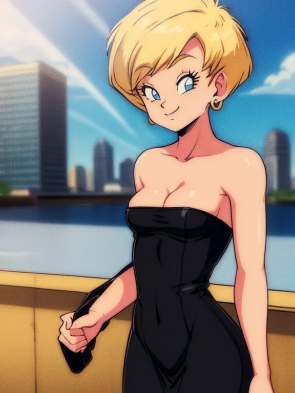 erasa, blonde hair, short hair, blue eyes, earrings, black dress, short black dress, bodycon, skin-tight dress, strapless, cleavage, small ??????, 1 girl, solo, smile, seductive, city, sunlight, blue sky, Masterpiece, holding a purse 