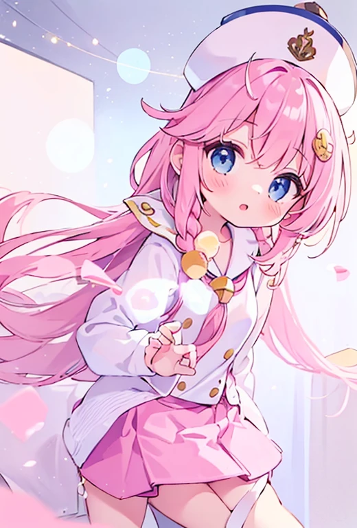 beautiful illustrations, highest quality, ( girl:1.4)、(pretty girl:1.5)、、、flat chest、sailor collar、(White long tunic)、long sleeve sailor suit、Blue-line cuffs、(pink chino shorts:1.4)、(pink shorts with wide opening:1.2)、Gap between thigh and pants、slim thighs、white socks、 cinematic lighting, (pink long hair)、pink straight hair、redness of cheeks、(Braiding of the back of the head)