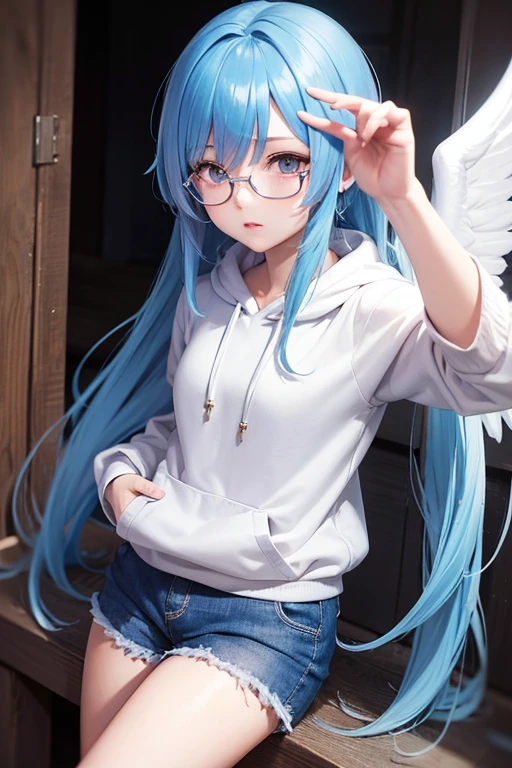 Chica Loli, hermoso y lindo, Llevar gafas de sol azules, face, Estilo Chibi, Cabello rojo y azul de dos colores, cola de caballo pelo trenzado, Ojos de detalle perfectos, cara delicada, CG perfecto, Calidad de imagen HD, globos de colores, Cielo, Travis