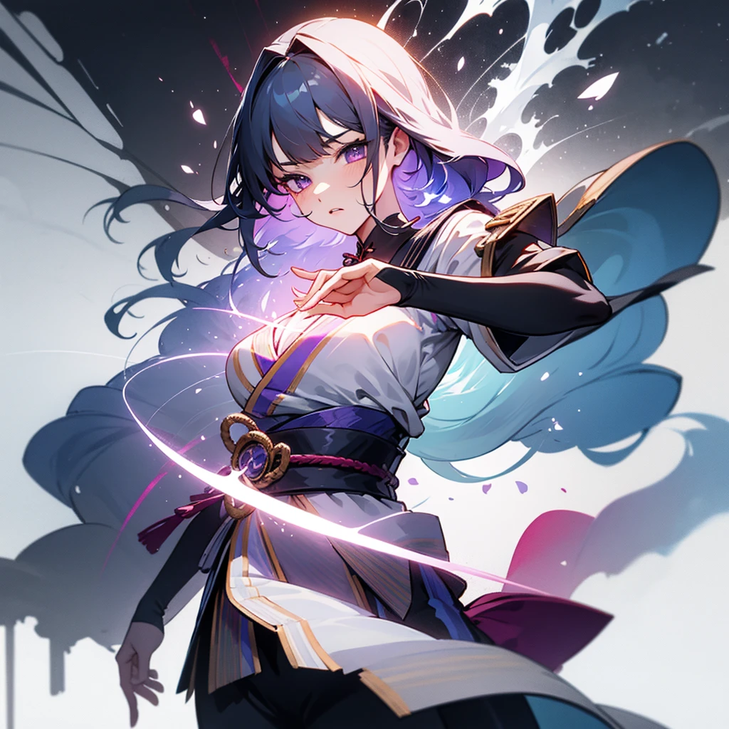 shining eyes,black sailor suit, gray haired, Bust-like,The camera captures the upper body,(Bust-likeカメラワーク),Pull the sword out of your chest(dynamic composition),The sword melts into your heart,The effect is spark, Raiden_shogun is pulling a blade from her chest,