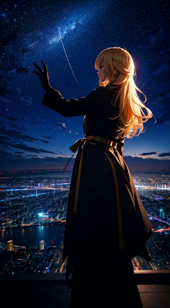 １people々,Blonde long hair woman，long coat， Dress Silhouette， Rear view，space sky, comet, anime style, dancing petals，Night view of the city from the mountainside，