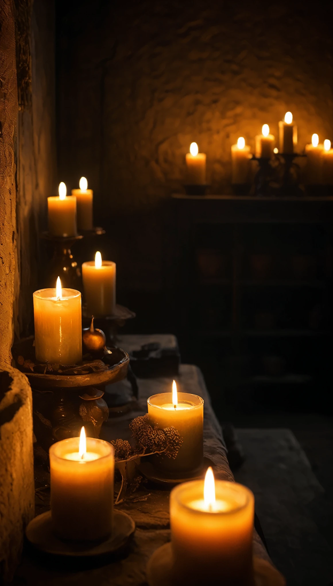 Close-ups of A dimly lit room with flickering candles. The ambiance is mystical, with shadows dancing on the  walls., RAW photo,(high detailed skin:1), (realistic, photo-realistic:1.37), ultra high res, professional lighting, 8k  uhd, dslr , high quality, film grain, Fujifilm XT3, RAW photo