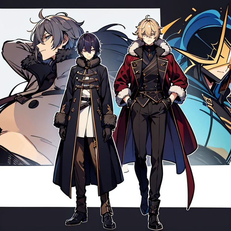 Concept ART , Human Male Young ager , hair over eyes , Pants  ,genshin impact , big hair, Full body,wearing  Blacksmith Clothes  ,wearing fur Coat ,wearing Gloves , Bandage 