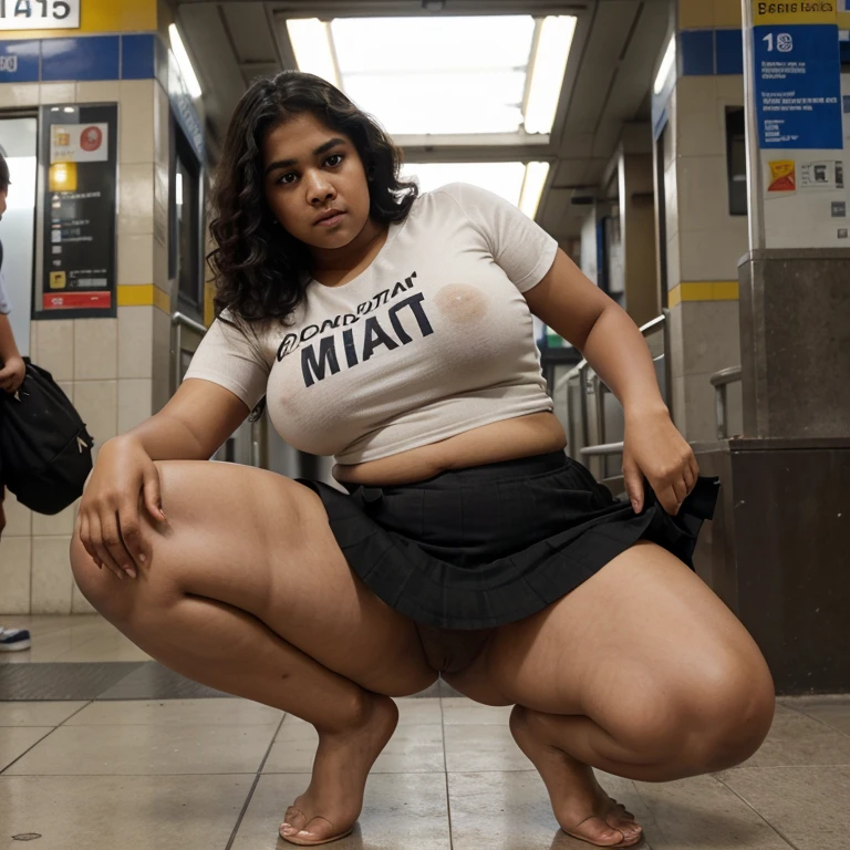 , female, Indian, light brown skin, curly short black hair, dense long black pubic hair, big expressive eyes, light brown pupil, baby face, body, big fat belly, big fat thighs, big breasts, skirt, no underwear, shirt, sitting in a squat, metro station