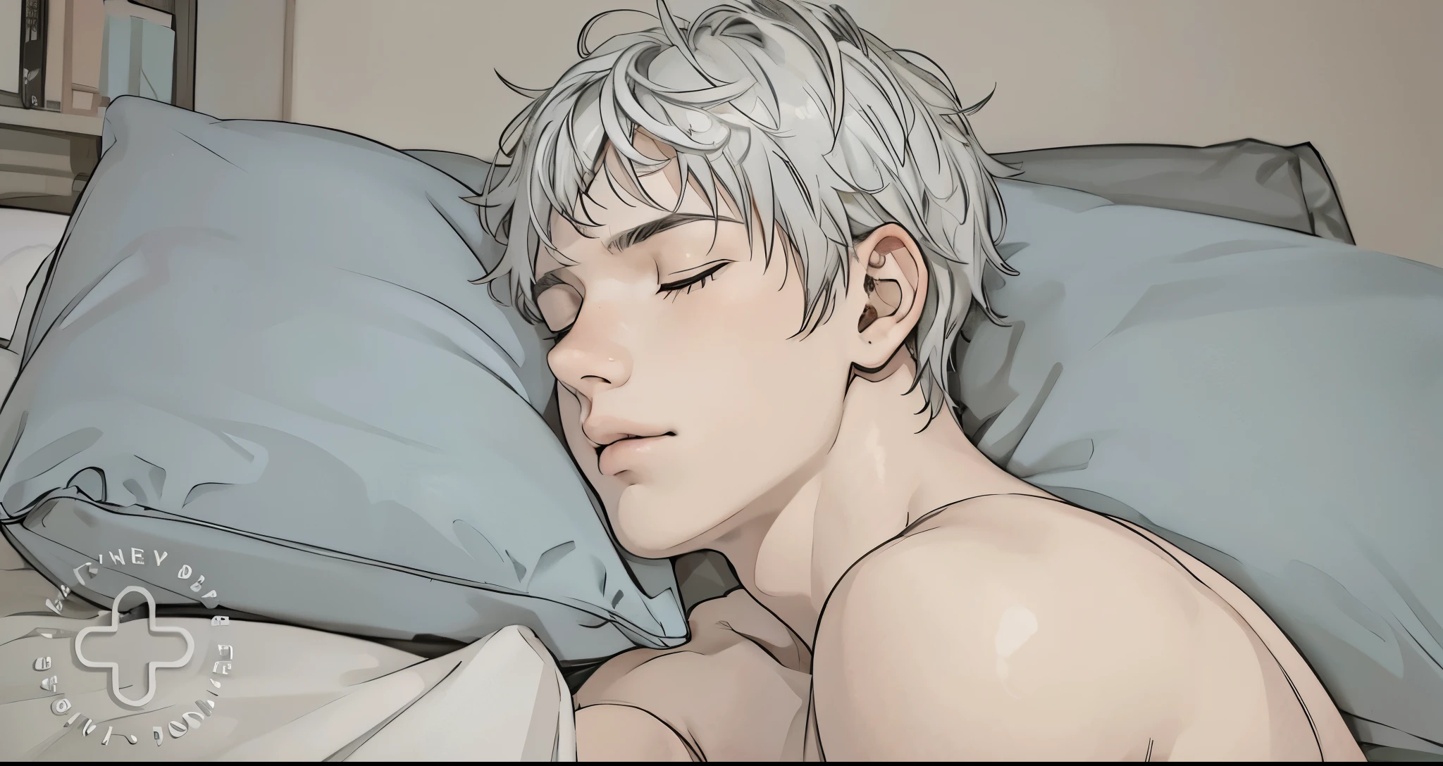 cute young 16 year old man gray hair waking up from a nightmare he is in bed