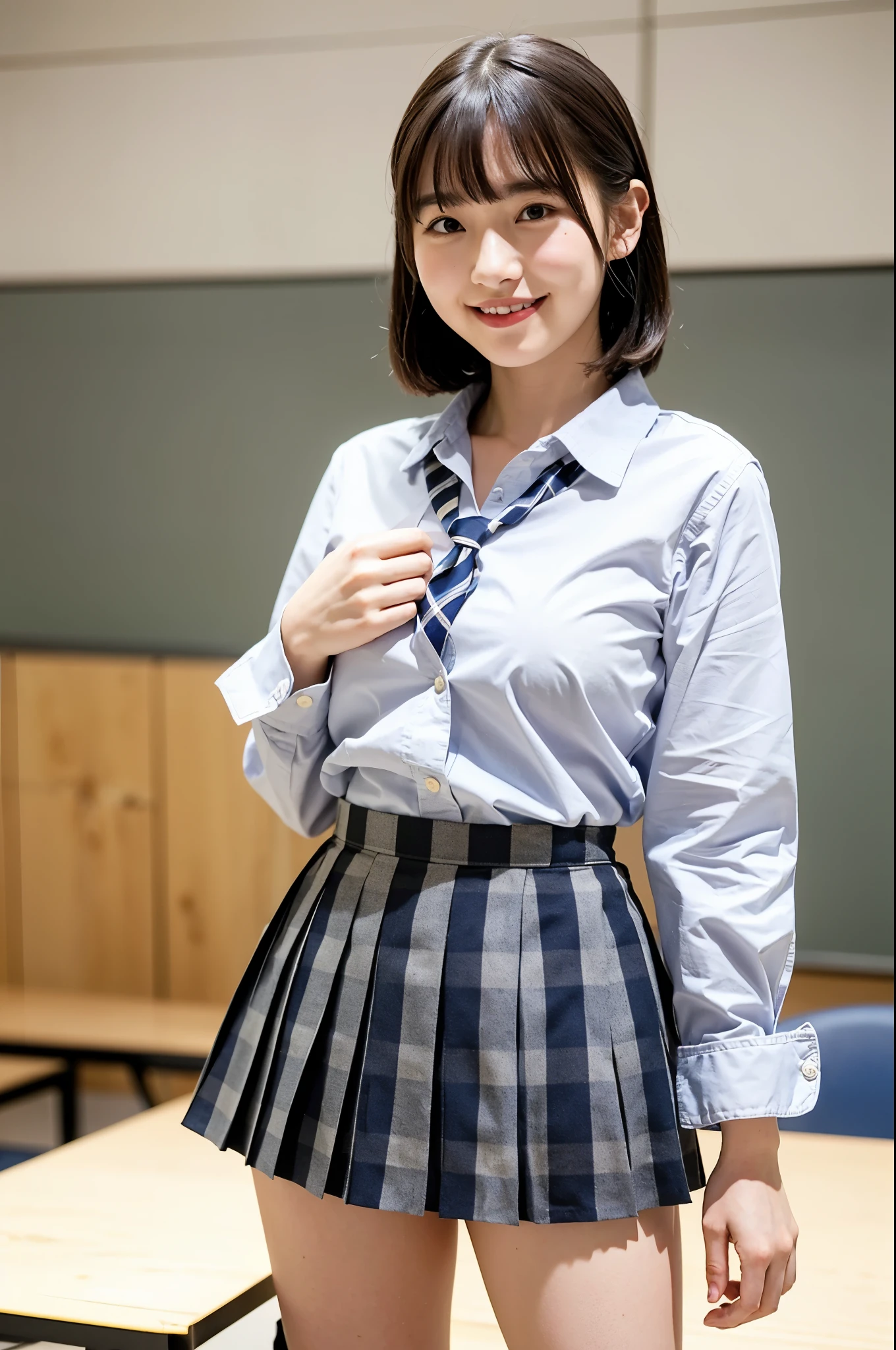girl standing and unbuttoning in classroom,white long-sleeved open shirt,gray plaid pleated skirt,18-year-old,bangs,a little smile,thighs,knees,short hair and low ponytails with barrette,from below,front light