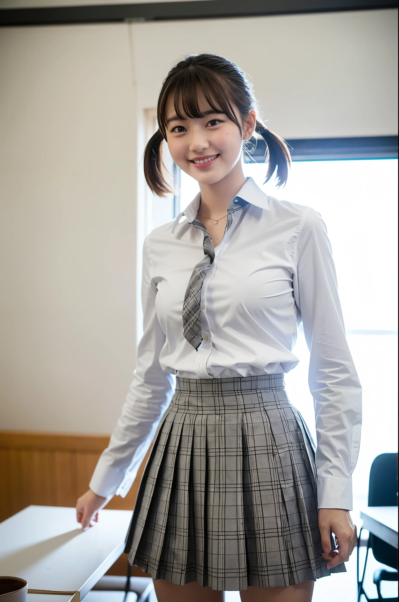 girl standing and unbuttoning in classroom,white long-sleeved open shirt,white underwear,gray plaid pleated skirt,18-year-old,bangs,a little smile,thighs,knees,short hair and low ponytails with barrette,from below,front light