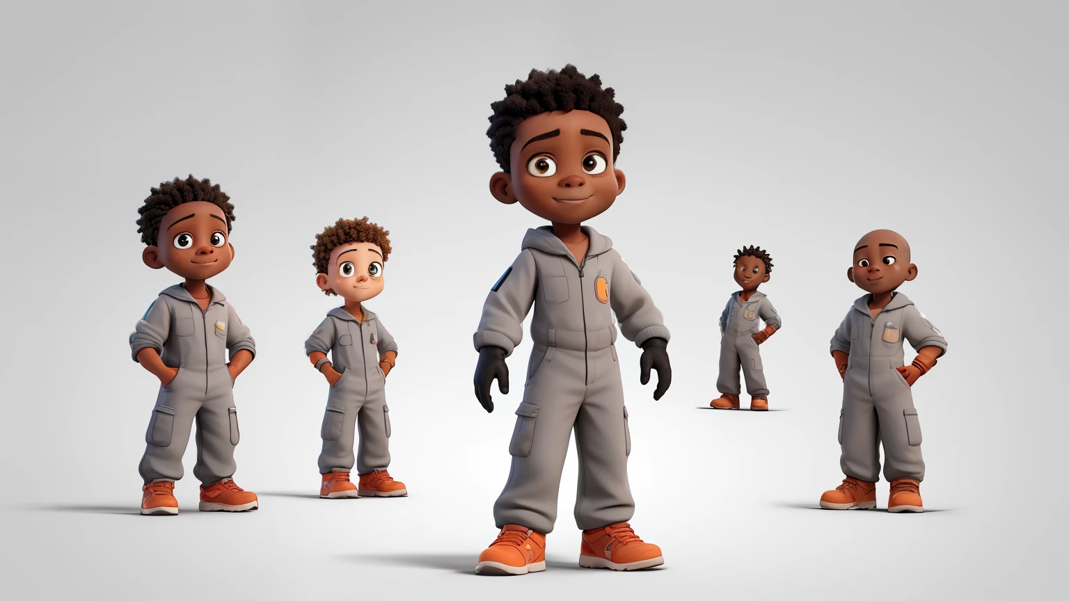 African teenager with a shaved head, dressed in a dark gray jumpsuit, gloves and sports boots, exhibiting a cute and charming facial expression, portrayed from the front, in the distinctive Made in Abyss animation style, in front of a pristine white background, which It embodies the visual aesthetics of the 555 series, ultra-clear and highly detailed cartoons.((Mejor calidad)), ((obra maestra)), (detallado), cara perfecta