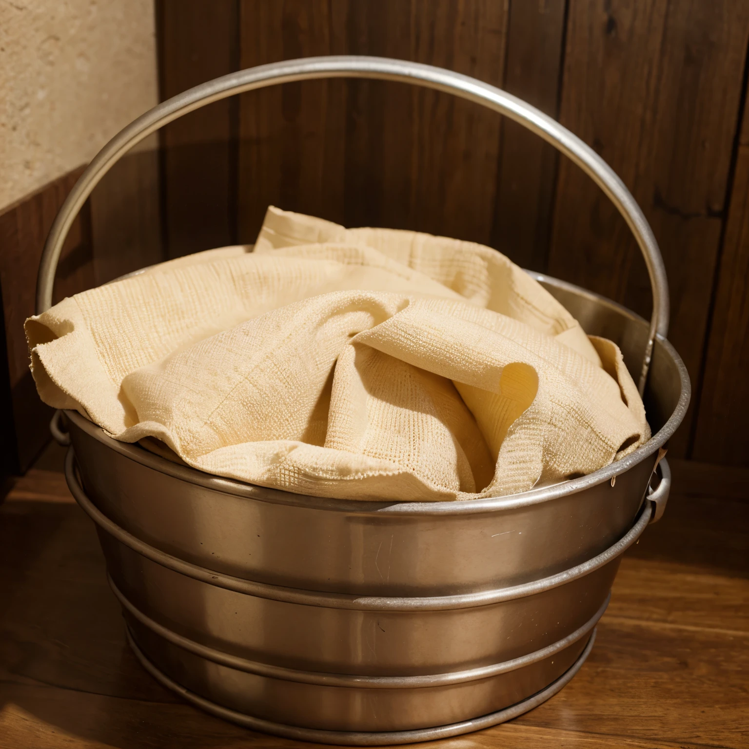 Shows an empty metal bucket with a cylindrical shape