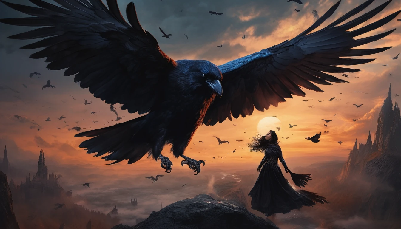 dark fantasy, digital painting, 8k, detailed, beautiful women flies on top of huge crow, huge crow flying through the air, crow deity, (detailed description,dark atmosphere),(mystical and mythical),(fantasy landscape),(sharp details),(incredible depth),(haunting presence),(gorgeous and captivating)