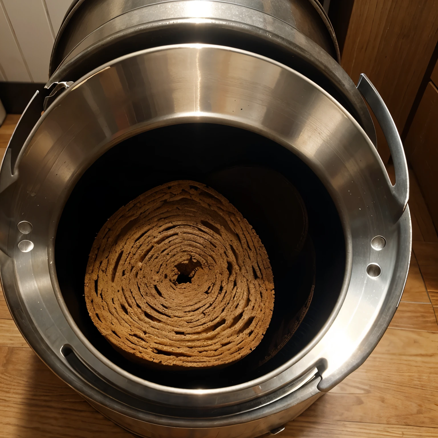 Shows an empty metal bucket with a cylindrical shape