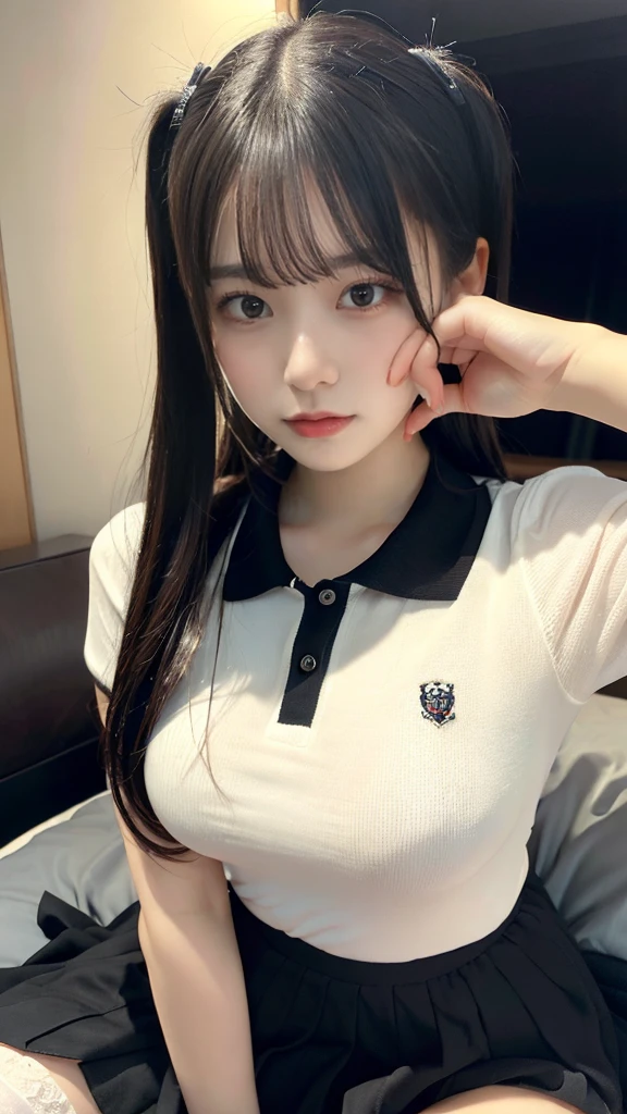 (8K, RAW Photos, Highest quality, masterpiece:1.2), (professional photography, full colors, studio-caliber color grading), (Gravure quality for high-end fashion magazines), close up, BREAK,18 year old girl,(perfect long ponytail:1.1), crying a little, Harajuku style, Big Natural Color Lip, (Plumpy body (smooth skin.1 (huge breasts.2), (expresses the roundness and softness of the chest area..1), BREAK (Polo shirt with collar), pleated skirt, full body photo、focus on crotch,