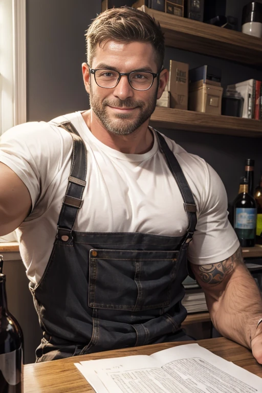 Award-winning original photo, a wild muscular man (40 years old daddy:1.1), beards, burly, hunk, (black overall), white T-shirt, sitting on of a table, eyeglasses, tattoo, detailed, lovely, smilling, from the front