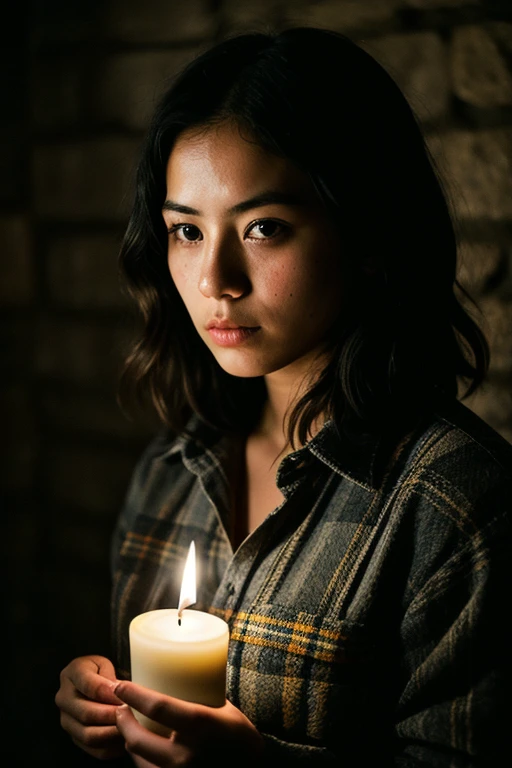 women pictures, (troubled expression), rough skin, I get goosebumps, blonde afro hair, Plaid flannel shirt and distressed boyfriend jeans, A dark and mysterious cave with unique rock formations and hidden wonders, perfect eyes, (candle light,chiaroscuro), 160 color holder, Taken with ARRI ALEXA 65, Bokeh, sharply focus on the subject, Shot by Don McCullin、Mikasa Ackerman