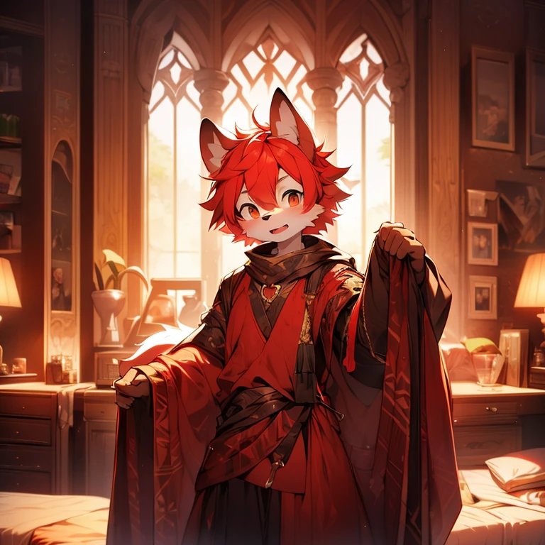 youth,Shota,Red hair ,male, stand up, masterpiece, High resolution,8K,Detailed background,high quality, boys,looking at the audience,view,View from the front,Shorter pantaleFocus,Wolf's facial features,sitting on bed,expression of enjoyment