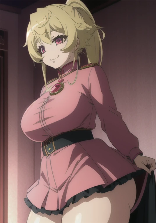 (masterpiece:1.2, best quality:1.2, beautiful, high quality, highres:1.1, aesthetic), detailed, extremely detailed, ambient soft lighting, 4K, perfect eyes, perfect face, perfect lighting, 1girl, solo, Tanya von Degurechaff, huge ass, huge breasts, huge thighs, narrow waist, wide hips, thick thighs, curvy, ponytail, pink clothes, magic girl, magic girl outfit, magical heart wand, frilly dress, ribbons, mini skirt, micro skirt military hat,,red pendant, evil smile,