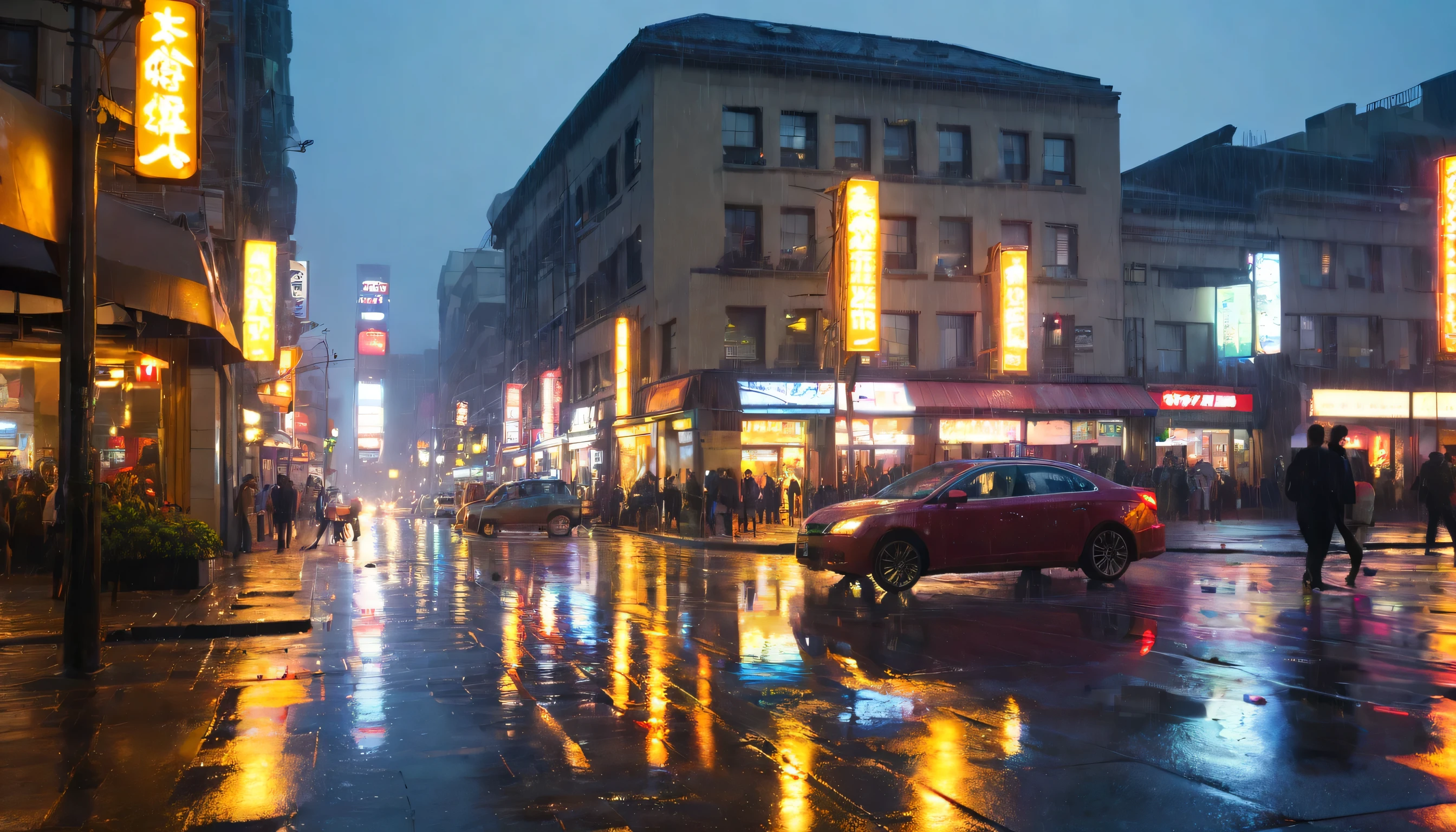 (best quality,4k,8k,highres,masterpiece:1.2),urban street scene, rainy atmosphere, water puddles, reflected lights, wet city, busy pedestrians, bustling traffic, neon signs, intricate details, vibrant colors, rainy reflections, urban landscape, cityscape, wet pavement, street lights, misty ambiance