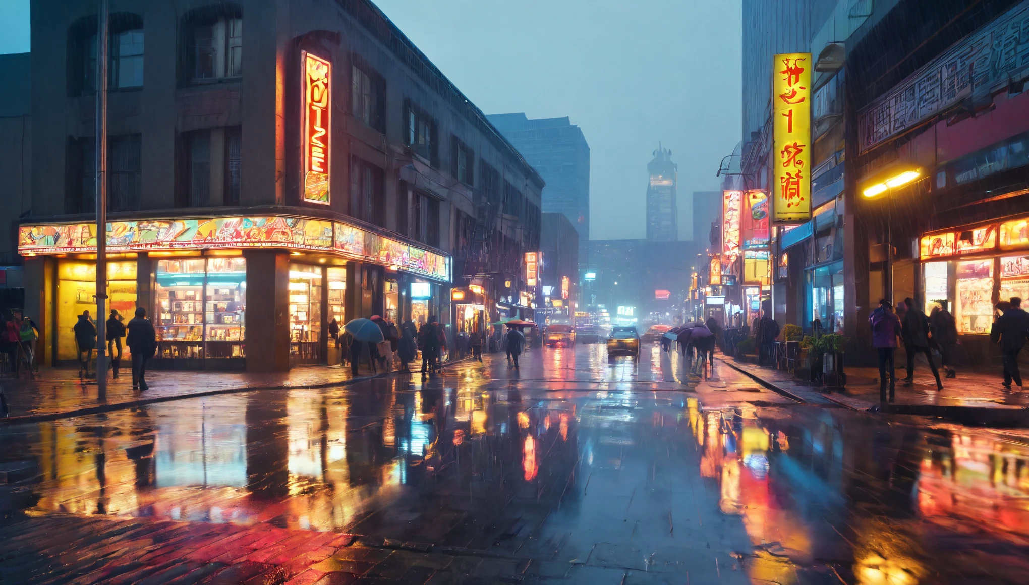 (best quality,4k,8k,highres,masterpiece:1.2),urban street scene, rainy atmosphere, water puddles, reflected lights, wet city, busy pedestrians, bustling traffic, neon signs, intricate details, vibrant colors, rainy reflections, urban landscape, cityscape, wet pavement, street lights, misty ambiance