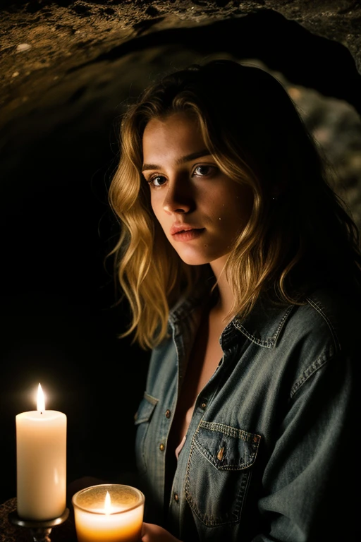 women pictures, (troubled expression), rough skin, I get goosebumps, blonde afro hair, Plaid flannel shirt and distressed boyfriend jeans, A dark and mysterious cave with unique rock formations and hidden wonders, perfect eyes, (candle light,chiaroscuro), 160 color holder, Taken with ARRI ALEXA 65, Bokeh, sharply focus on the subject, 