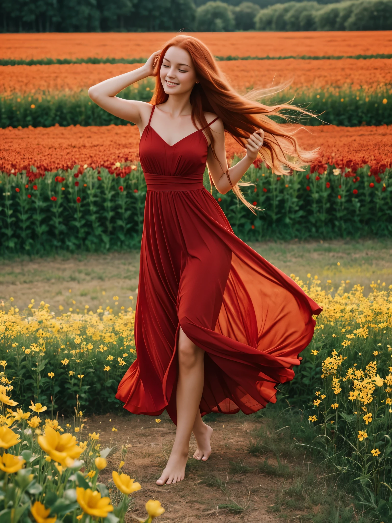 create a realistic image of a woman in a flower field, wearing a red dress, barefoot, long red hair, fair skin.  she should be dancing happily.